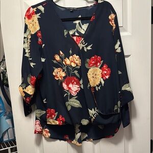Floral Women's Top - Navy with Red and Yellow Accents